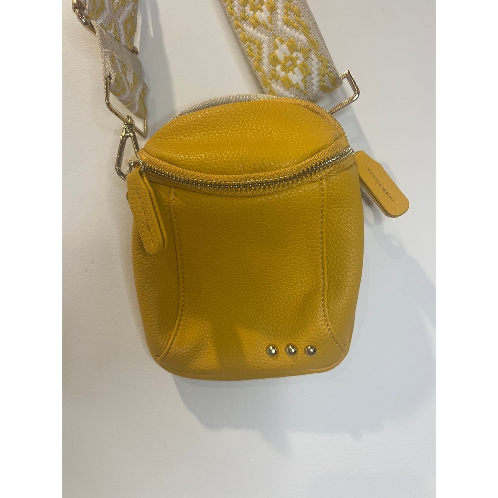 PS Mustard Yellow Pebbled Faux Leather Crossbody Bag with Woven Guitar Strap